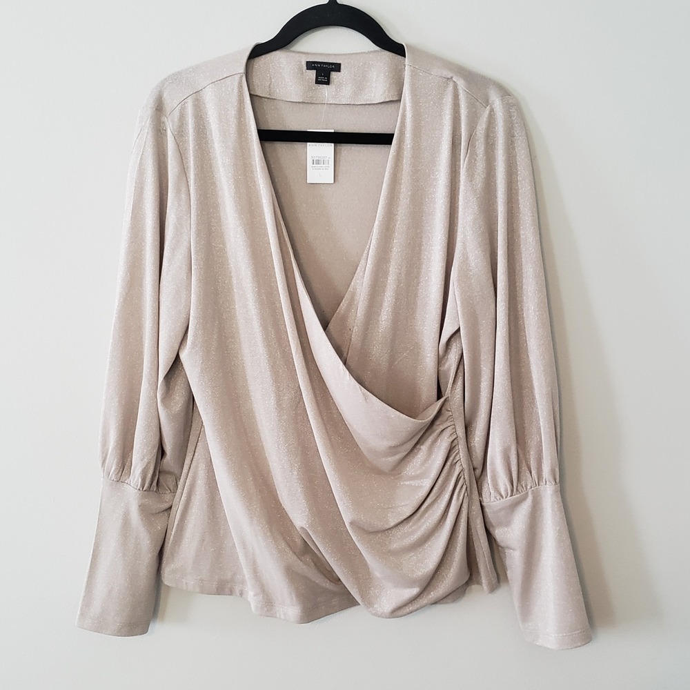 Ann Taylor Sparkly Faux Wrap Top LARGE Holidays Event Cocktails Rouched
